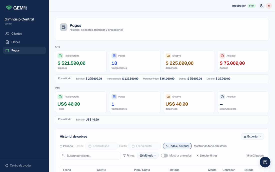 Animación de la exportación a CSV y PDF