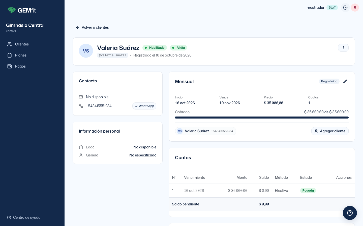 Ficha de un cliente recién creado, Al día, con la cuota 1 Pagada