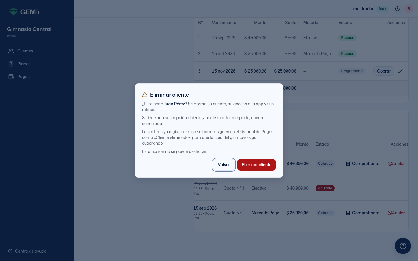 Ventana Eliminar cliente en el mostrador con las notas de Pagos