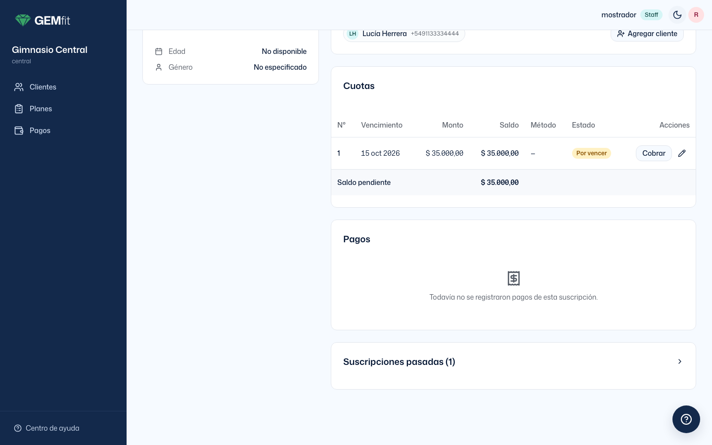Ficha con la sección Suscripciones pasadas