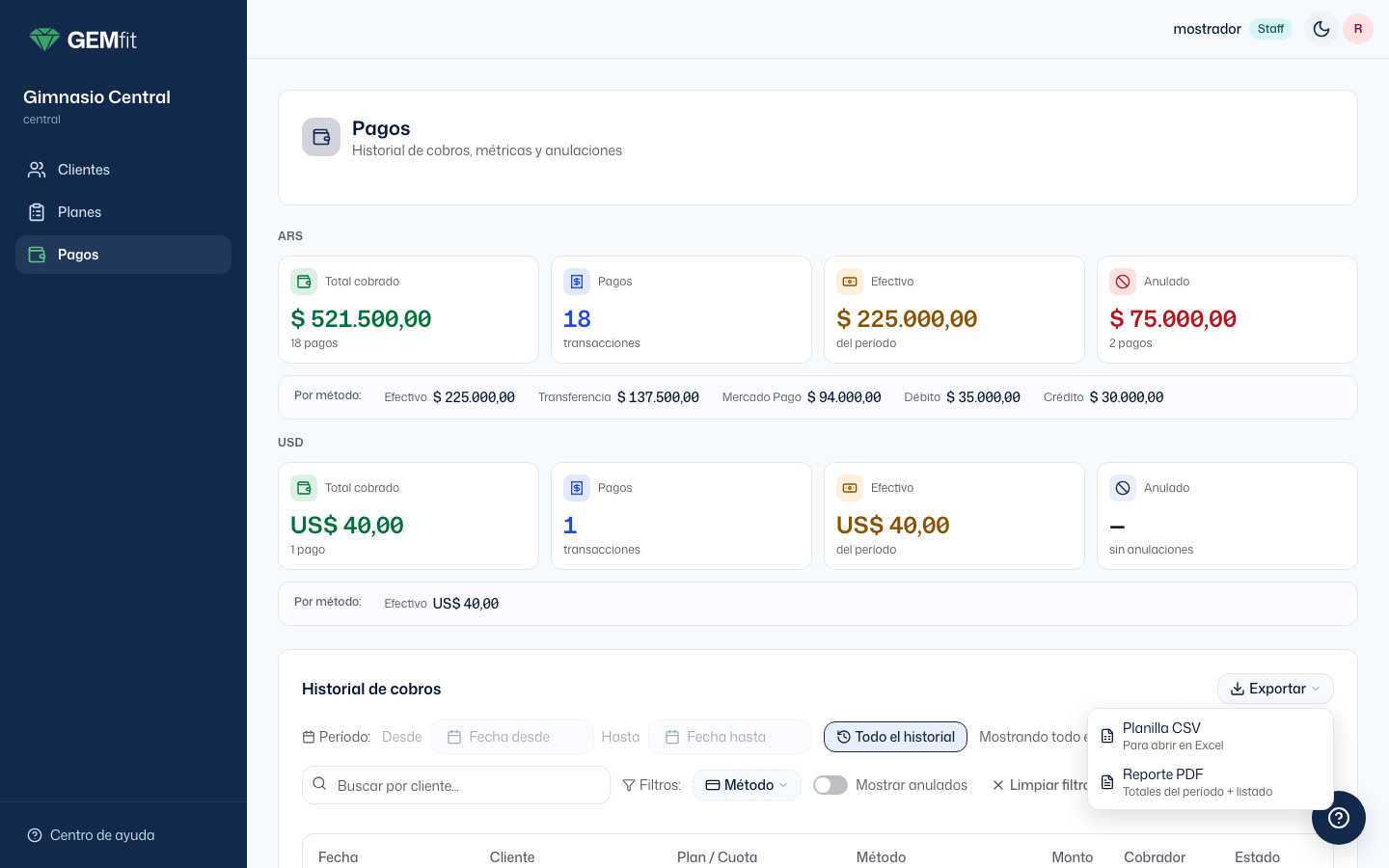 Menú Exportar con Planilla CSV y Reporte PDF