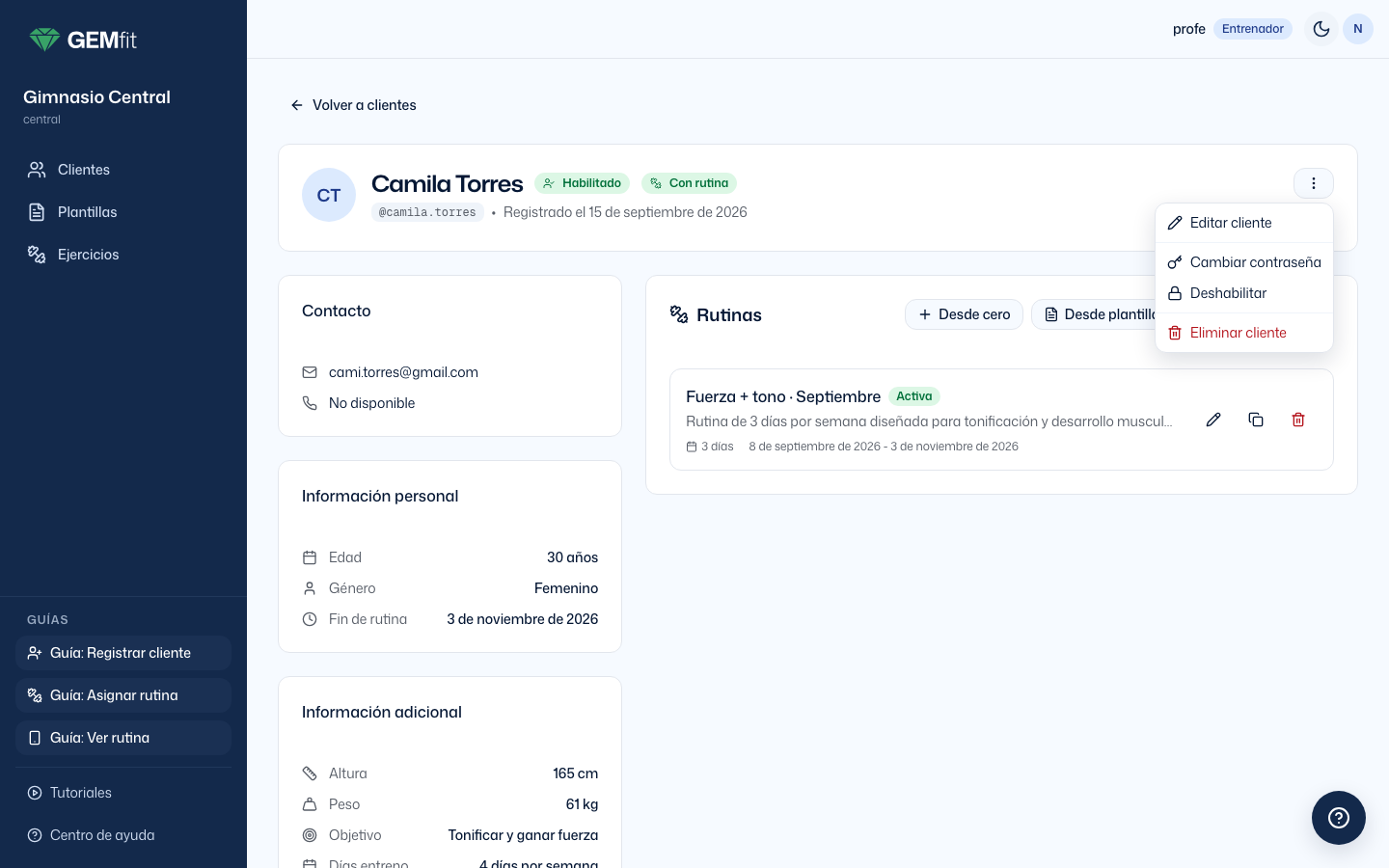 Menú de la ficha del entrenador con Editar cliente