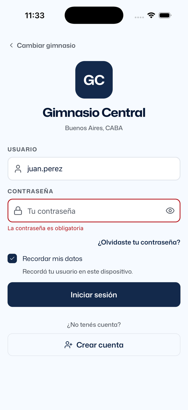 Pantalla de ingreso con el usuario juan.perez recordado, el campo de contraseña en rojo y el error La contraseña es obligatoria