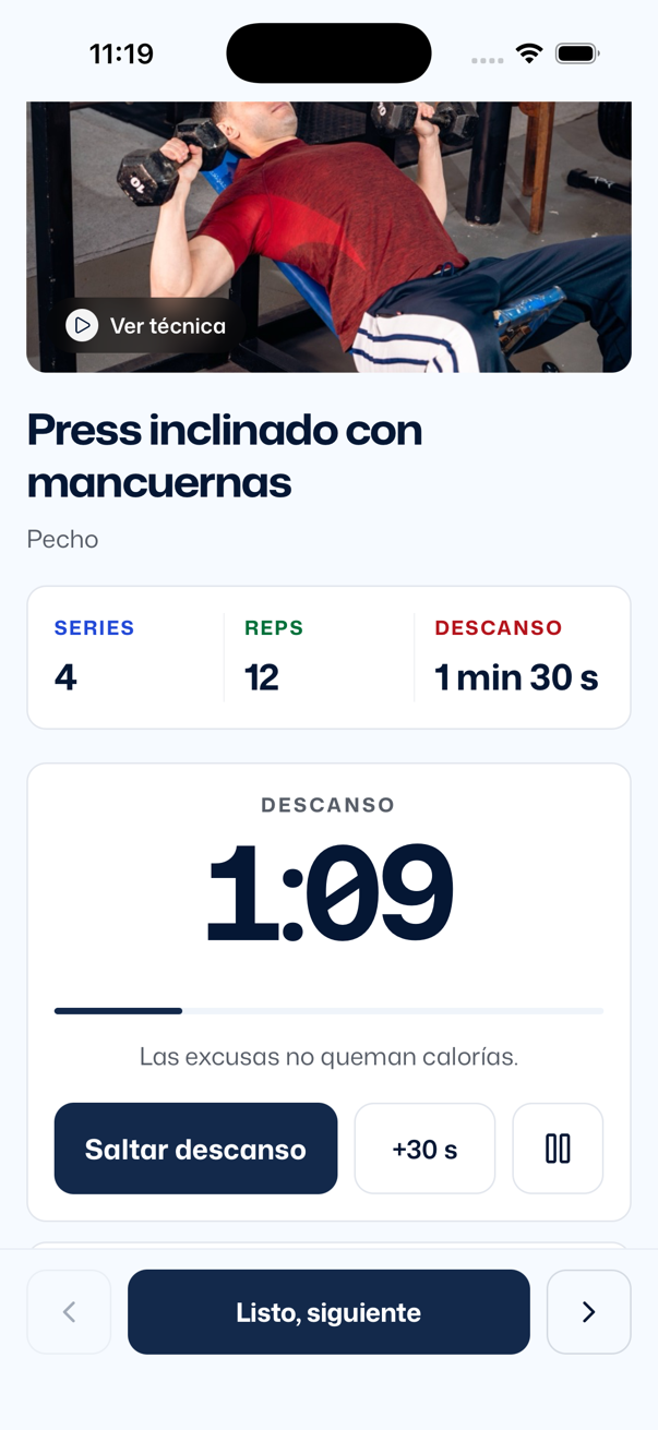 El descanso corriendo en la misma pantalla del ejercicio: tarjeta DESCANSO con 1:09, la barra de progreso, la frase Las excusas no queman calorías. y los botones Saltar descanso, +30 s y pausa