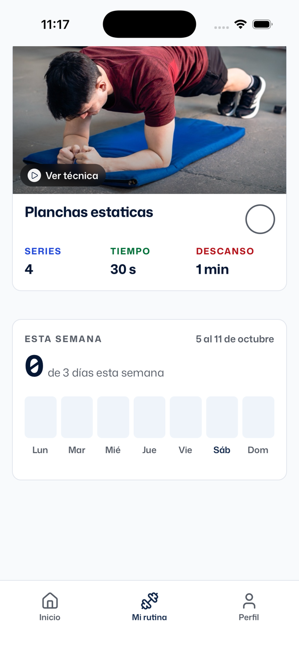 Final de Mi rutina: la tarjeta Planchas estaticas con SERIES 4, TIEMPO 30 s y DESCANSO 1 min, y el bloque ESTA SEMANA con 5 al 11 de octubre a la derecha con el 0 grande, de 3 días esta semana y siete cuadros de Lun a Dom