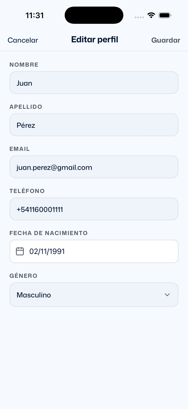 Ventana Editar perfil con Cancelar y Guardar y los campos Nombre, Apellido, Email, Teléfono, Fecha de nacimiento y Género
