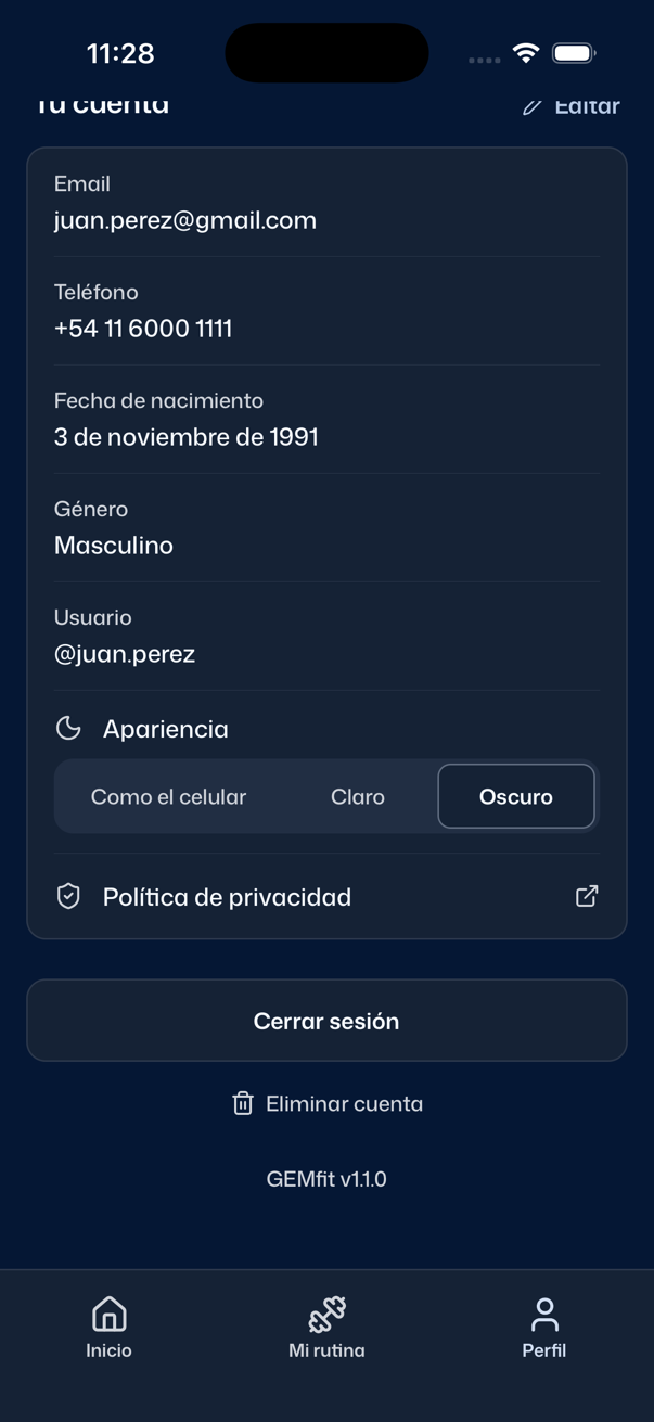 Pestaña Perfil con la apariencia Oscuro elegida
