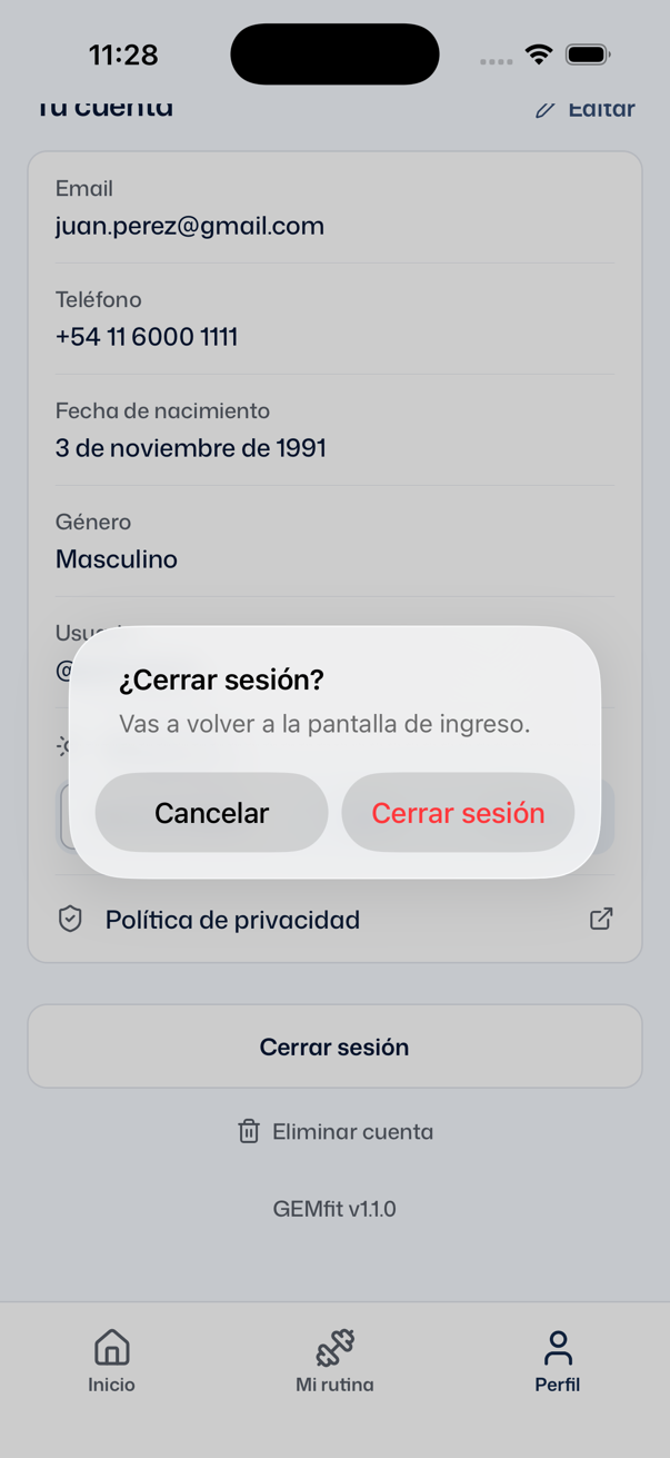 Ventana ¿Cerrar sesión? con el texto Vas a volver a la pantalla de ingreso. y los botones Cancelar y Cerrar sesión