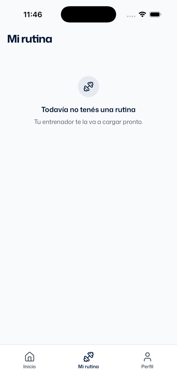 Pestaña Mi rutina recién creada la cuenta: Todavía no tenés una rutina, Tu entrenador te la va a cargar pronto.