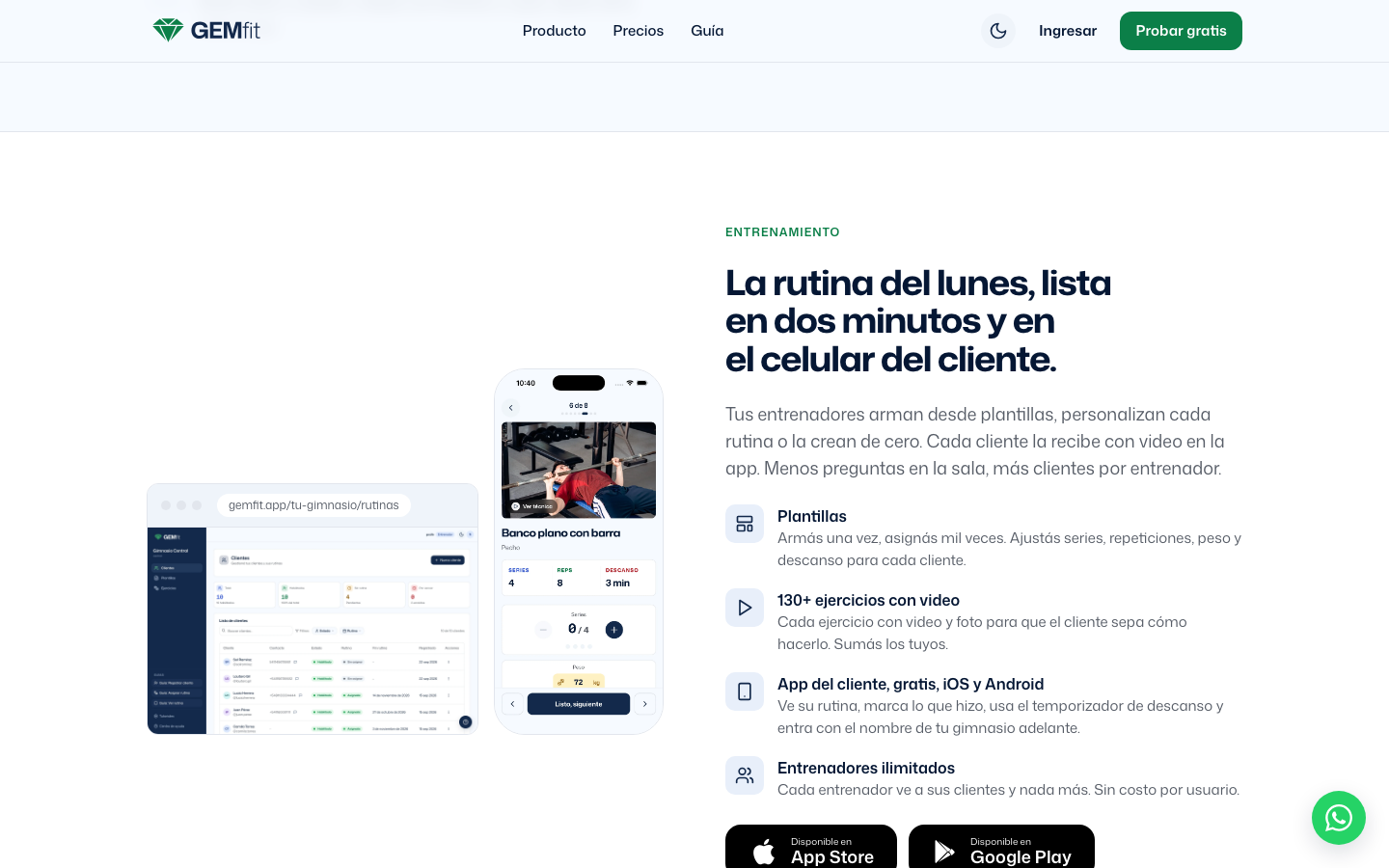 Sección Entrenamiento, La rutina del lunes, lista en dos minutos y en el celular del cliente: el panel del entrenador con su lista de clientes, la app del cliente con el ejercicio Banco plano con barra y su video, y los botones de App Store y Google Play