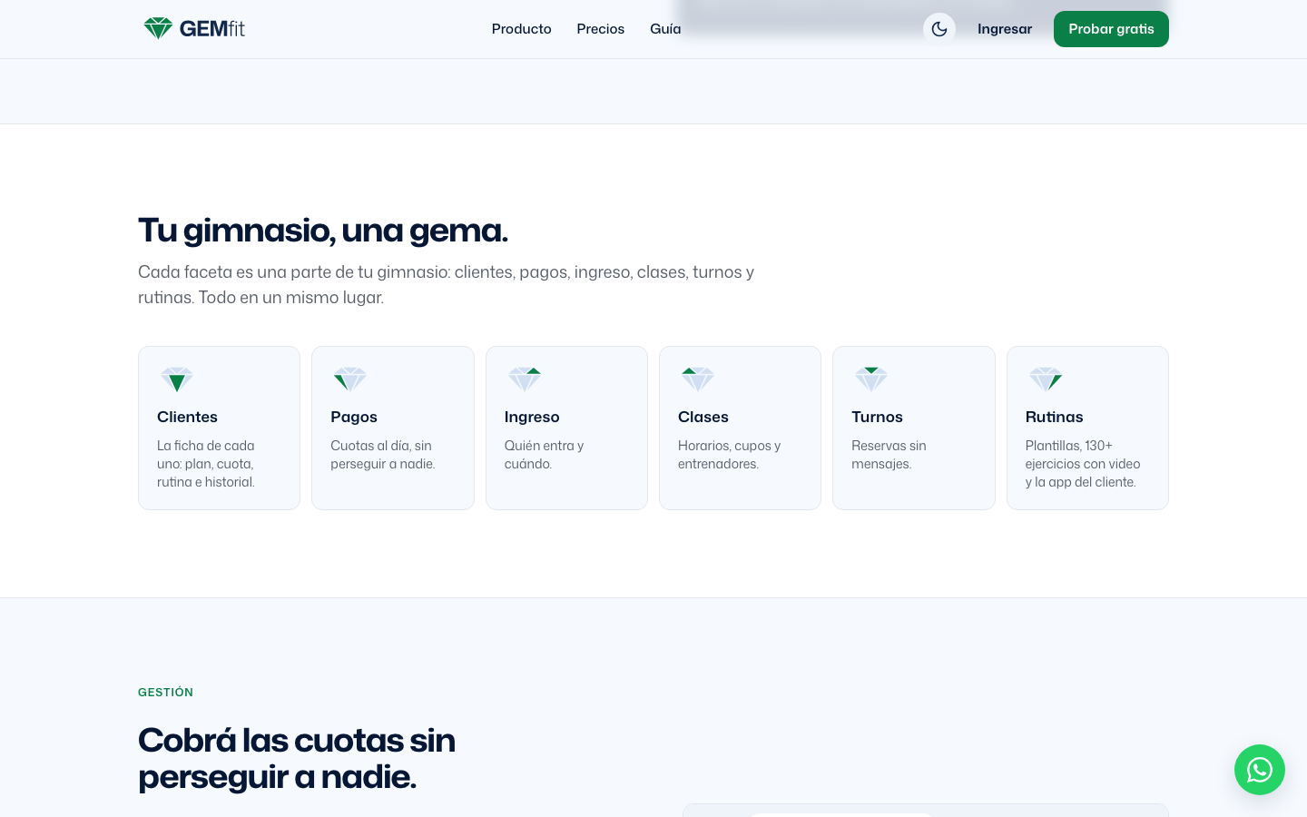 Sección Tu gimnasio, una gema, con las seis facetas Clientes, Pagos, Ingreso, Clases, Turnos y Rutinas y una frase corta debajo de cada una