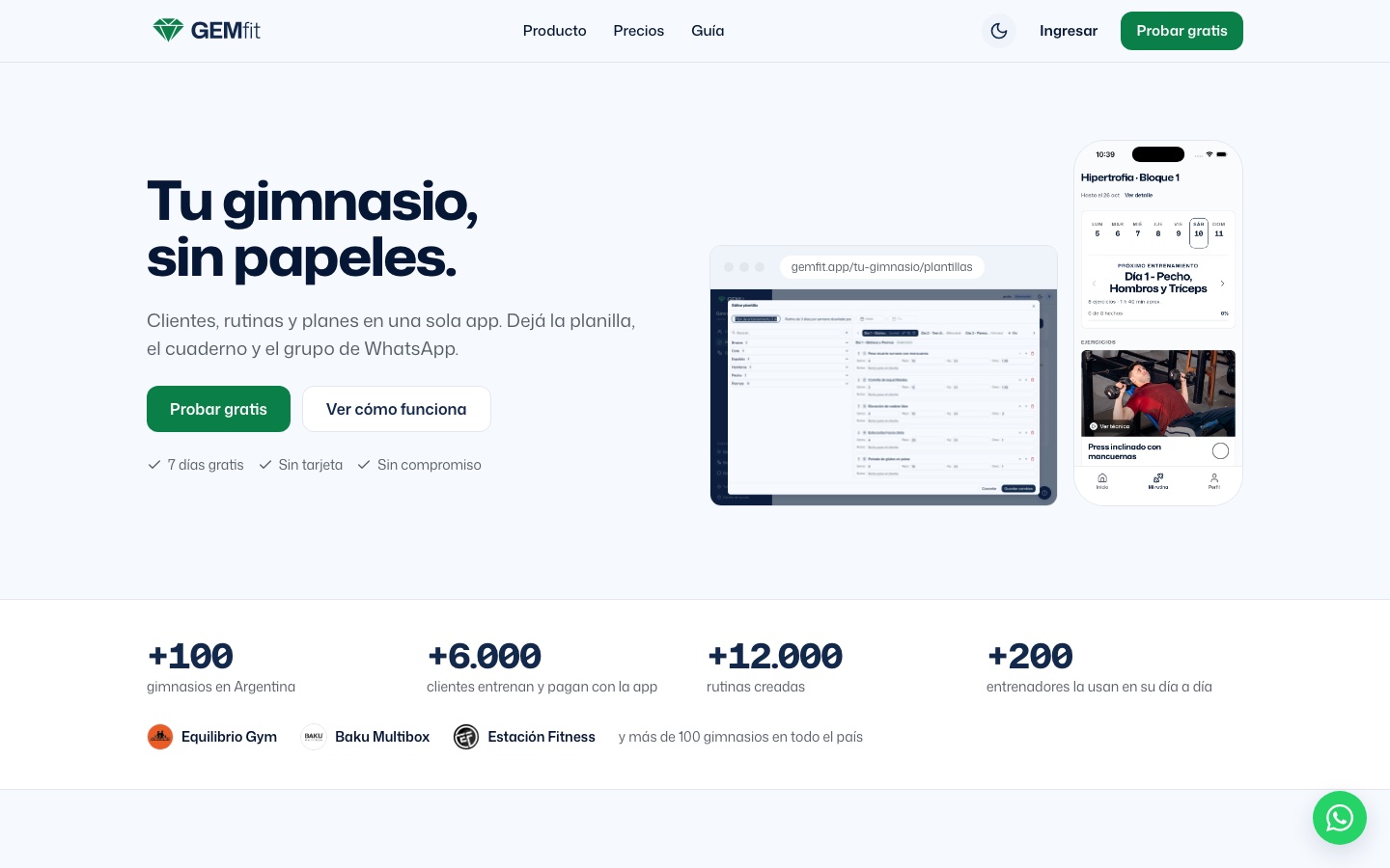 Portada de gemfit.app con el título Tu gimnasio, sin papeles., la bajada Clientes, rutinas y planes en una sola app, los botones Probar gratis y Ver cómo funciona, y al lado el panel de rutinas y la app del cliente
