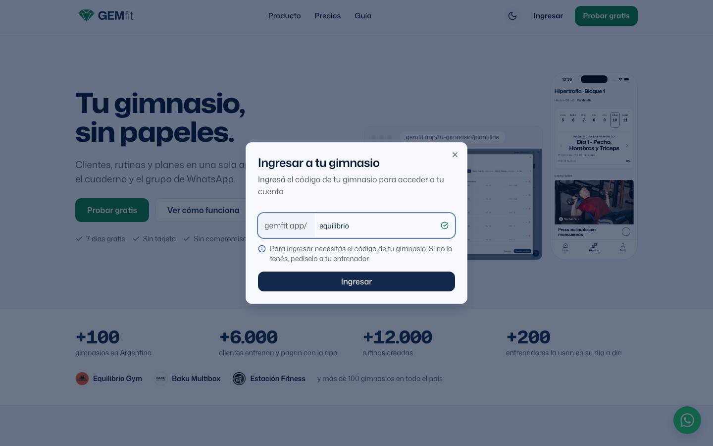 Ventana Ingresar a tu gimnasio sobre la página principal de gemfit.app, con el campo gemfit.app/ equilibrio, una tilde verde, la ayuda Para ingresar necesitás el código de tu gimnasio y el botón Ingresar