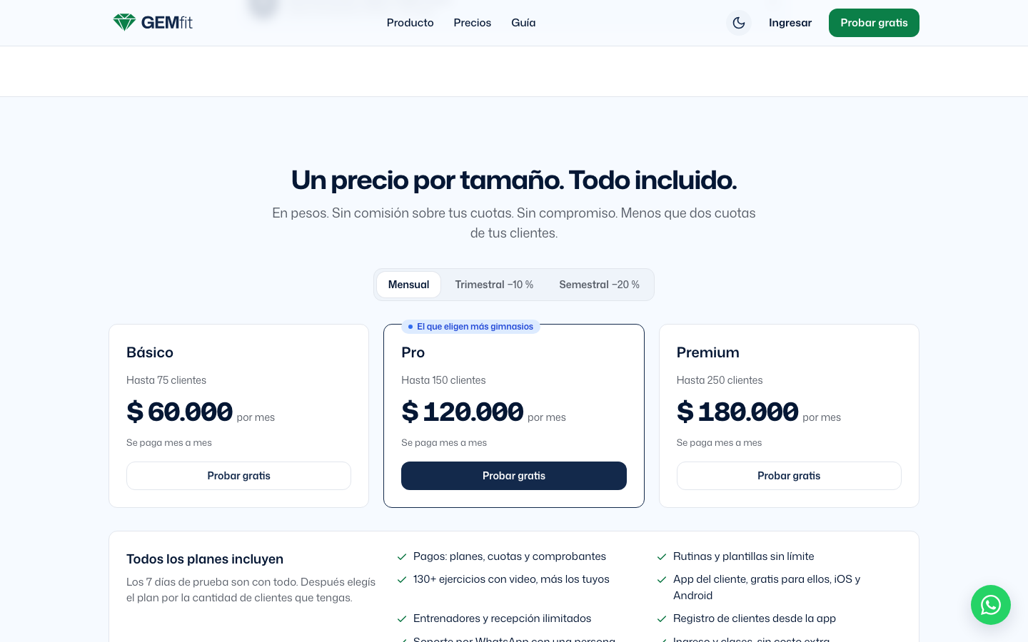 La misma sección de planes con el selector en Mensual: $ 60.000, $ 120.000 y $ 180.000 por mes, cada tarjeta con Se paga mes a mes