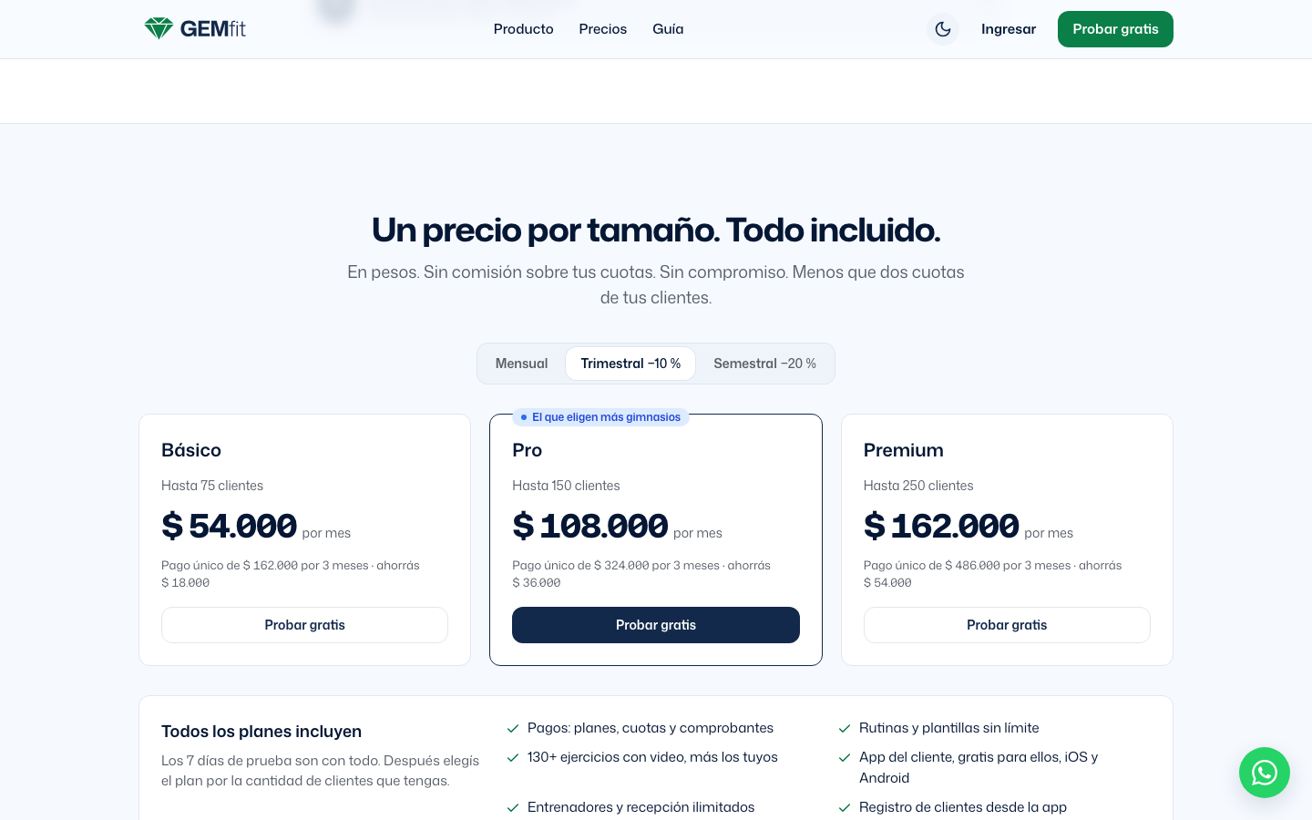 Sección Un precio por tamaño. Todo incluido, con el selector en Trimestral −10 % y las tarjetas Básico hasta 75 clientes, Pro hasta 150 clientes con la etiqueta El que eligen más gimnasios y Premium hasta 250 clientes, cada una con el pago único y el ahorro