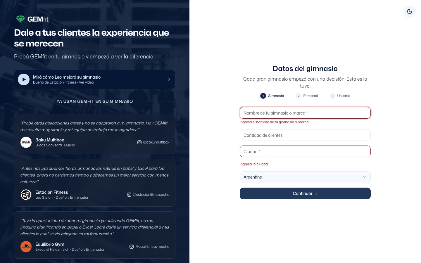 Paso Datos del gimnasio con los campos Nombre de tu gimnasio o marca y Ciudad en rojo y los mensajes Ingresá el nombre de tu gimnasio o marca e Ingresá la ciudad