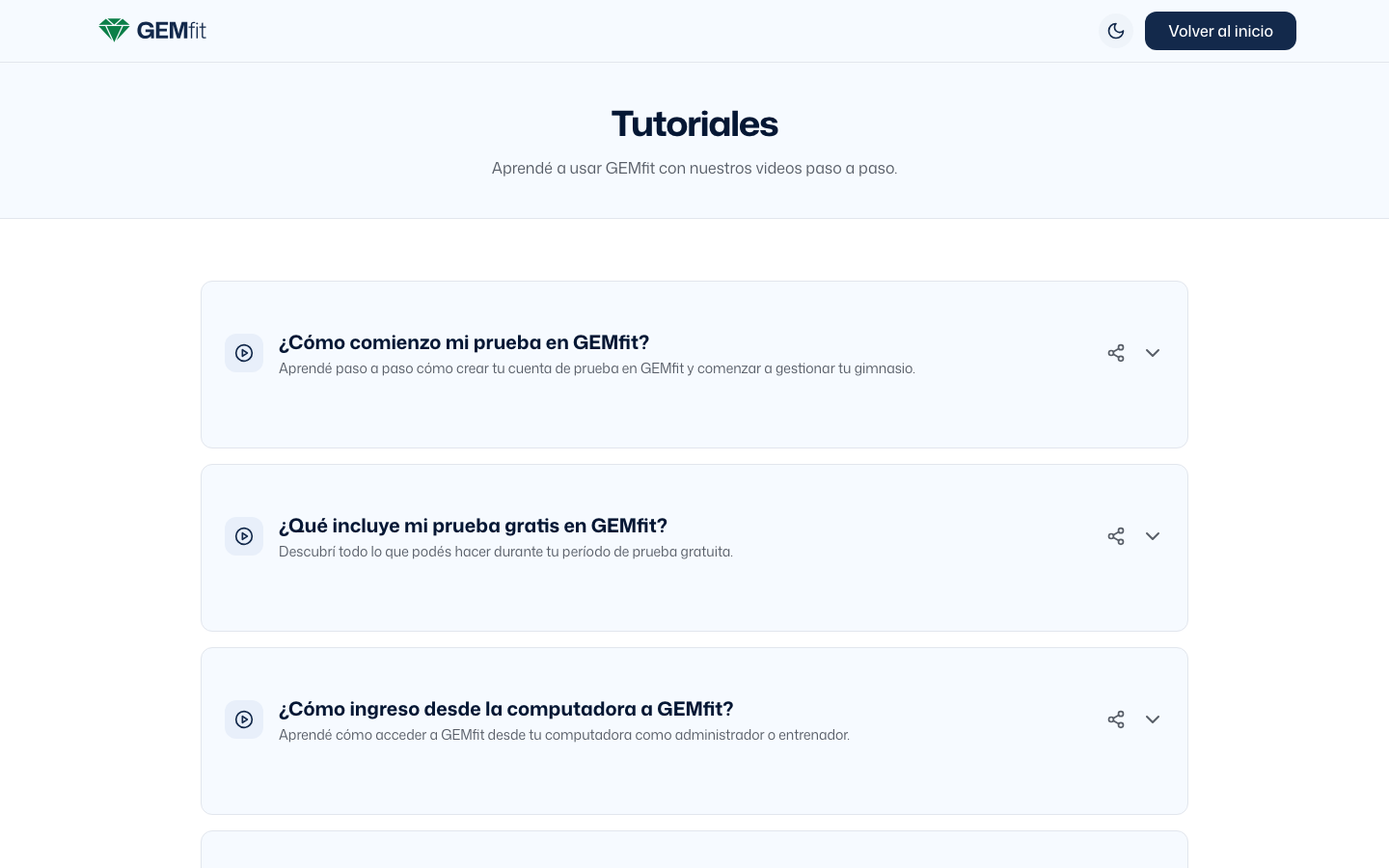 Página Tutoriales de gemfit.app con las tarjetas ¿Cómo comienzo mi prueba en GEMfit?, ¿Qué incluye mi prueba gratis en GEMfit? y ¿Cómo ingreso desde la computadora a GEMfit?, cada una con su ícono de compartir
