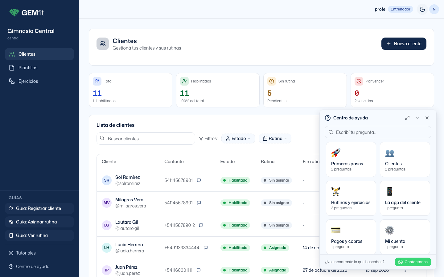 Centro de ayuda abierto sobre la lista de clientes del entrenador, con el buscador Escribí tu pregunta, seis categorías (Primeros pasos, Clientes, Rutinas y ejercicios, La app del cliente, Pagos y cobros, Mi cuenta) y el pie ¿No encontraste lo que buscabas? Contactanos