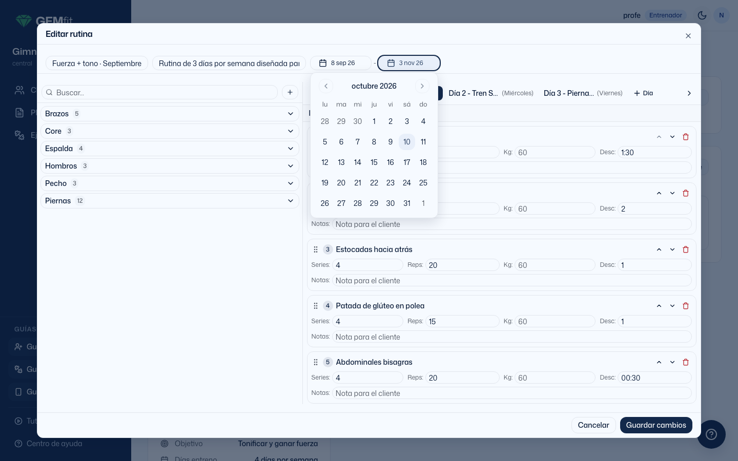 Editor con el calendario de la fecha Fin abierto en octubre de 2026