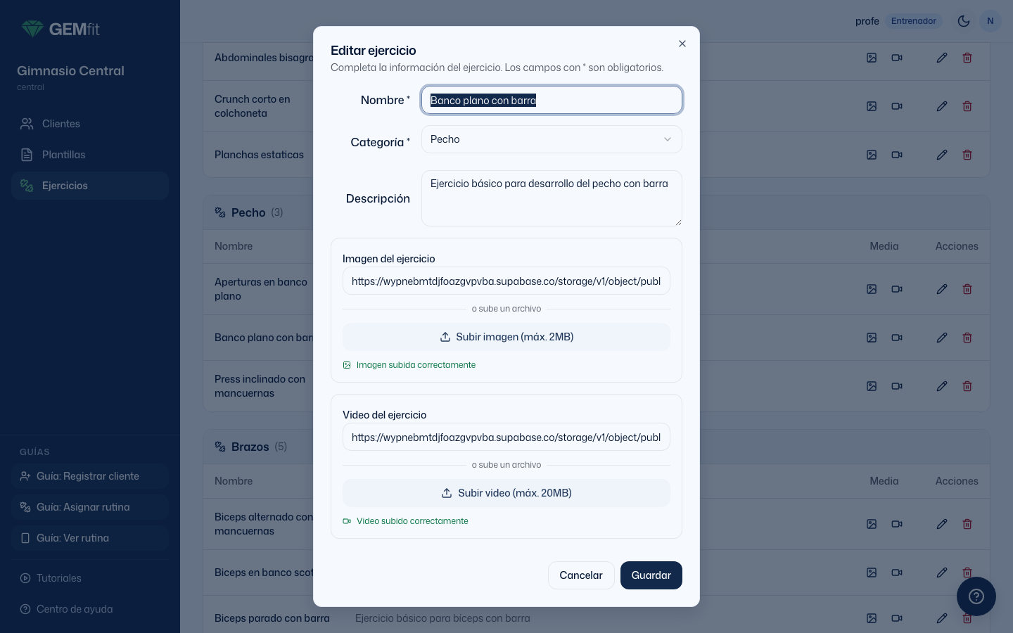Ventana Editar ejercicio de Banco plano con barra: nombre, categoría Pecho, descripción, bloque Imagen del ejercicio con dirección o subir archivo, y bloque Video del ejercicio con una dirección de YouTube